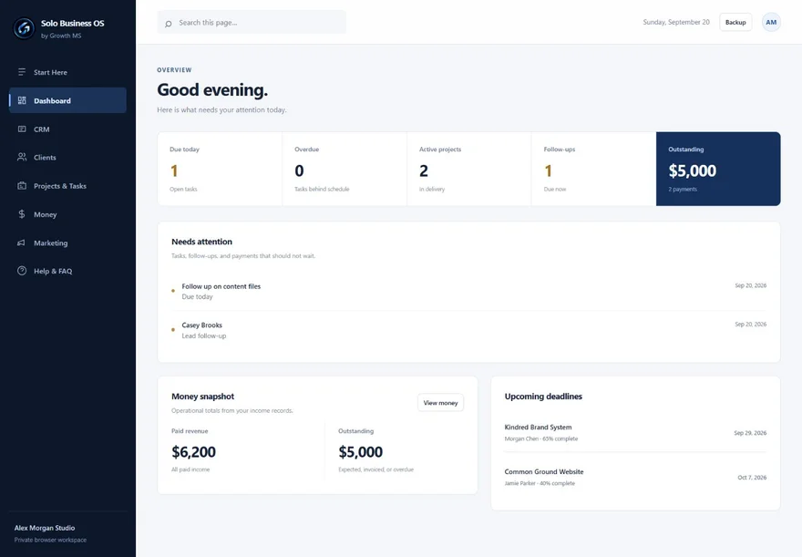 Solo Business OS dashboard displaying fictional demo tasks and payment totals